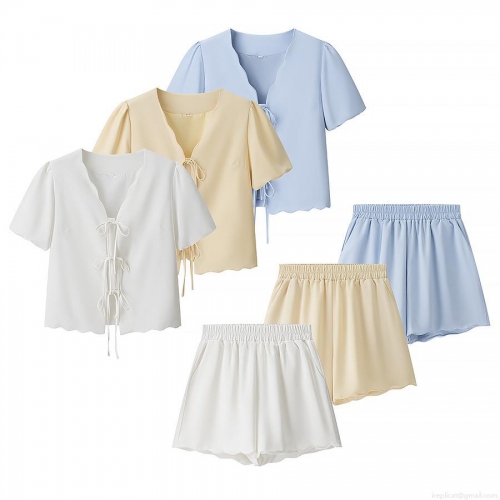 Women Summer Scalloped Hem 2 Piece Outfits Sets Tie Up Short Sleeve V Neck Top With High Waist Elastic Shorts Or A-Line Midi Skirt Separates Loungewear