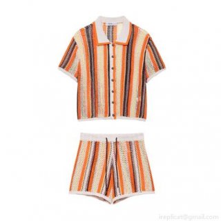 Women's Crochet Knit Two Piece Set 100% Polyester Vertical Stripe Short Sleeve Polo Top And High Waist Drawstring Shorts Summer Vacation Beach Casual Streetwear