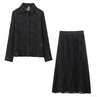 Women's Elegant Black Chiffon Burn-out Floral Shirt and Pleated Midi Skirt Two-Piece Set Casual Long Sleeve Semi-Transparent Top and Elastic Waist Skirt Streetwear Outfits