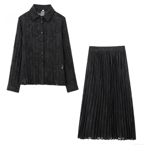 Women's Elegant Black Chiffon Burn-out Floral Shirt and Pleated Midi Skirt Two-Piece Set Casual Long Sleeve Semi-Transparent Top and Elastic Waist Skirt Streetwear Outfits