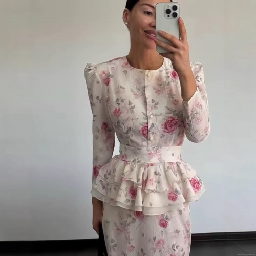 Women's Two Piece Skirt Set Rose Floral Print Long Sleeve Peplum Top And Midi Skirt Chiffon Suits For Party Date Casual Wear