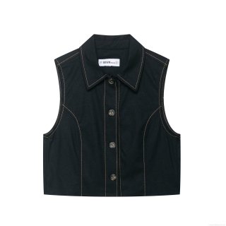 Women Contrast Stitching Sleeveless Button Vest and High Waist Pleated Bermuda Shorts With Belt Two Piece Set Streetwear Casual Solid Polyester Outfit