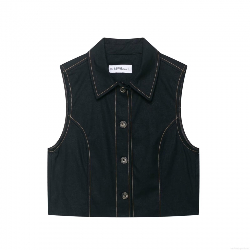 Women Contrast Stitching Sleeveless Button Vest and High Waist Pleated Bermuda Shorts With Belt Two Piece Set Streetwear Casual Solid Polyester Outfit