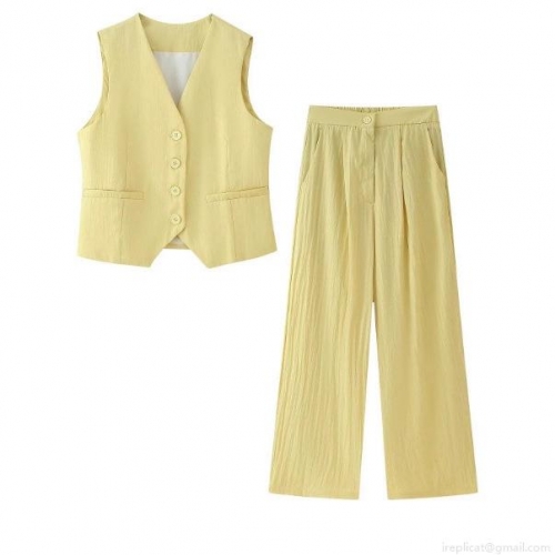 Women's 2 Piece Summer Suit V-Neck Single-Breasted Sleeveless Vest and Wide-Leg Pants Set Polyester Linen-Like Texture Casual Office Commute Solid Color Yellow Outfit