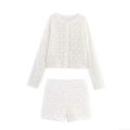 Women Hollow Out Crochet Two Piece Set 100% Polyester Long Sleeve Cardigan And Shorts Boho Vacation Style Knit Suit For Women