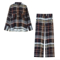 Women's Plaid Two-Piece Set Polyester Long Sleeve Stand Collar Pocket Shirt And Wide Leg Pants Casual Fashion Plaid Print Outfits For Streetwear