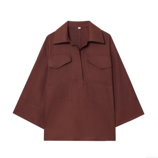 Women's Casual Two Piece Set Solid Color Polyester Long Sleeve Lapel Pocket Shirt and Drawstring Wide Leg Straight Pants Fashion Streetwear Outfit for Women