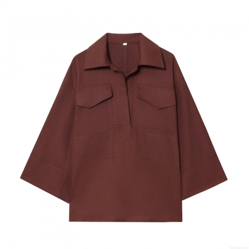 Women's Casual Two Piece Set Solid Color Polyester Long Sleeve Lapel Pocket Shirt and Drawstring Wide Leg Straight Pants Fashion Streetwear Outfit for Women