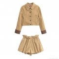 Women Fashion Casual Two Piece Set Polyester Short Windbreaker Jacket and High Waist Shorts Streetwear Solid Color Outfits Pieces