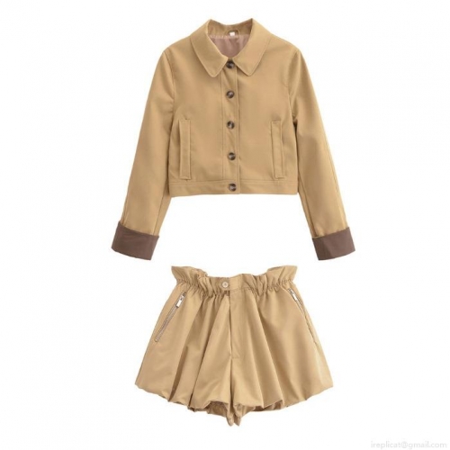 Women Fashion Casual Two Piece Set Polyester Short Windbreaker Jacket and High Waist Shorts Streetwear Solid Color Outfits Pieces