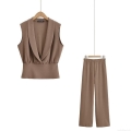 Women's Casual Two Piece Set Sleeveless V-Neck Top And High Waist Wide Leg Pants Solid Textured Polyester Crepe Outfits For Women