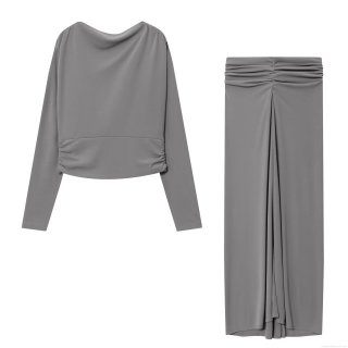 Women's Two Piece Sexy Ruched Crop Top and High Waist Bodycon Long Skirt Set Cowl Neck Long Sleeve Casual Streetwear Party Outfits