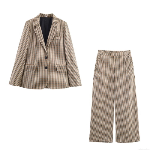 Women's Plaid Blazer Pants Set Vintage British Style 2 Piece Office Lady Commuter Casual Suit Long Sleeve Jacket High Waist Wide Leg Trousers
