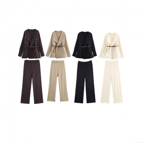 Women's Knitted Two Piece Set V Neck Cardigan Top With Belt And Wide Leg Pants Casual Polyester Knitwear Suit For Streetwear Loungewear