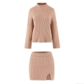 Women's Ribbed Knit Two Piece Set High Neck Long Sleeve Sweater and Side Slit Mini Skirt Solid Color Casual Streetwear Outfit Fall Winter Spring Apparel