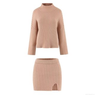 Women's Ribbed Knit Two Piece Set High Neck Long Sleeve Sweater and Side Slit Mini Skirt Solid Color Casual Streetwear Outfit Fall Winter Spring Apparel