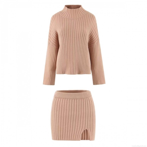 Women's Ribbed Knit Two Piece Set High Neck Long Sleeve Sweater and Side Slit Mini Skirt Solid Color Casual Streetwear Outfit Fall Winter Spring Apparel