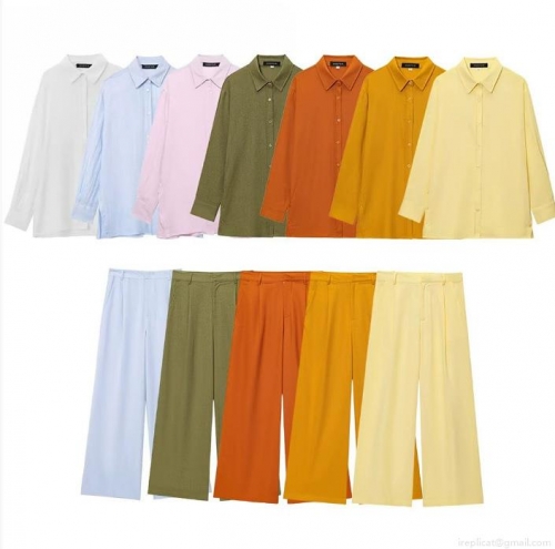 Women's Casual Two Piece Set Linen Texture Long Sleeve Button Down Shirt and High Waist Wide Leg Pants Loose Solid Color Summer Autumn Outfit