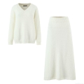 Women Knit Two Piece Set V Neck Loose Sweater And A-Line Long Skirt Outfits Casual Streetwear Soft Comfortable Knitwear Co-ords