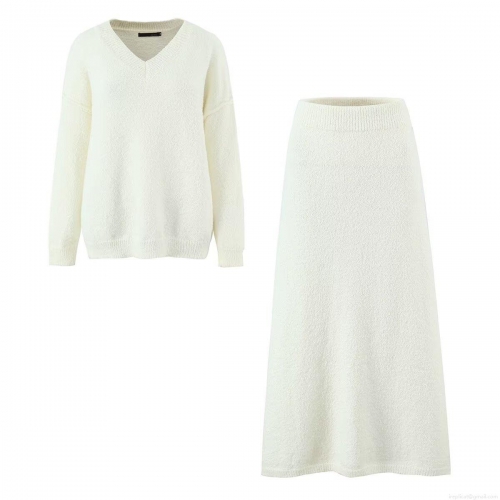 Women Knit Two Piece Set V Neck Loose Sweater And A-Line Long Skirt Outfits Casual Streetwear Soft Comfortable Knitwear Co-ords