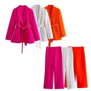 Women's Elegant Polyester Suit Set With Belt Lapel Blazer And High Waist Wide Leg Trousers For Business Party Streetwear Office Two Piece Outfit