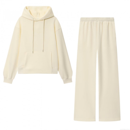 Women's Casual Loungewear Set Solid Color Drawstring Hoodie And Elastic Waist Wide Leg Sweatpants Two Piece Outfits For Streetwear Autumn Ladies