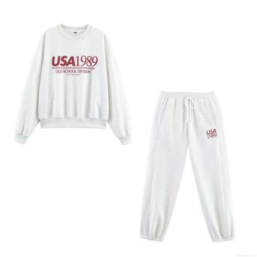 Women's Two Piece Tracksuit Set Vintage USA 1989 Printed Fleece Cotton Blend Sweatshirt and Jogger Pants Casual Loungewear Suits