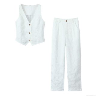 Women's 2 Piece Outfits Sets V Neck Button Down Vest Waistcoat and High Waisted Straight Leg Pants Set Textured Jacquard Fabric Casual Streetwear Suits for Women