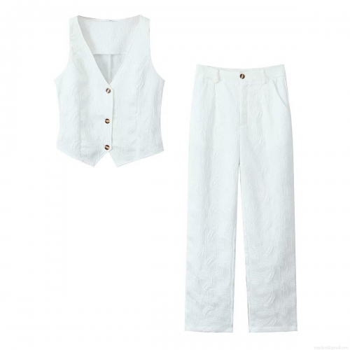 Women's 2 Piece Outfits Sets V Neck Button Down Vest Waistcoat and High Waisted Straight Leg Pants Set Textured Jacquard Fabric Casual Streetwear Suits for Women
