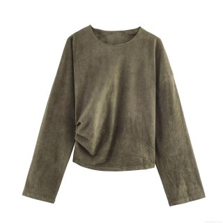 Women's Faux Suede Effect Long Sleeve Round Neck Top And Balloon Pants Two Piece Set Casual Streetwear Co-ords For Autumn Winter