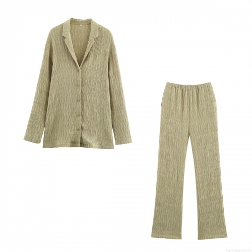 Women's Casual Two Piece Pleated Set 100% Polyester Textured Long Sleeve Button Shirt And Wide Leg Pants Loungewear Streetwear Set For Women