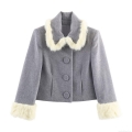 Women's 2 Piece Woolen Jacket And Shorts Set Faux Fur Trim Grey Long Sleeve Single Breasted Coat High Waist Shorts Elegant Autumn Winter Outfit
