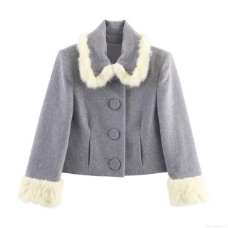 Women's 2 Piece Woolen Jacket And Shorts Set Faux Fur Trim Grey Long Sleeve Single Breasted Coat High Waist Shorts Elegant Autumn Winter Outfit