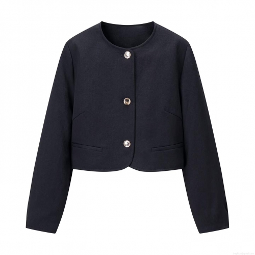 Women's Autumn Casual Long Sleeve Short Windbreaker Jacket and High Waist Belted Shorts Two Piece Set Solid Polyester Elegant Outfit with Gold Buttons for Ladies Office Commute