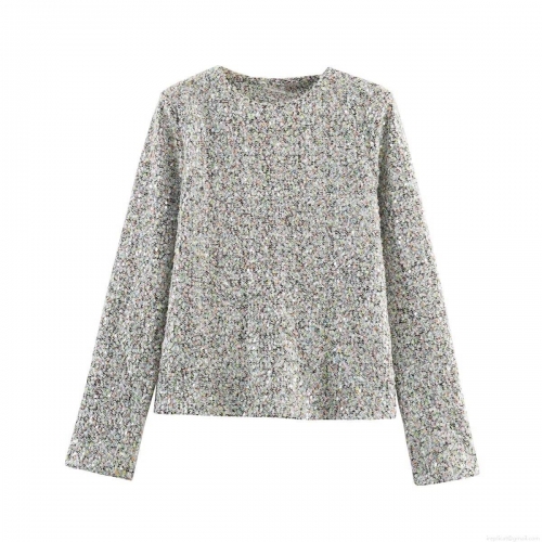 Women Sequin Sparkling Two Piece Set Long Sleeve Round Neck Top And High Waist Mini Skirt Polyester Streetwear Party Clubwear Outfits