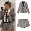 Women's Vintage Houndstooth Plaid Blazer and Shorts Set Retro Long Sleeve Lapel Suit With Waist Belt Casual Streetwear Two Piece Outfit
