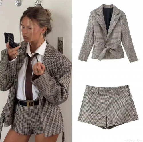 Women's Vintage Houndstooth Plaid Blazer and Shorts Set Retro Long Sleeve Lapel Suit With Waist Belt Casual Streetwear Two Piece Outfit