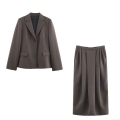 Women's Minimalism Polyester Blazer And Pleated Midi Skirt Set Structured Single Breasted Suit For Street Daily Office Wear