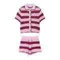 Women's Striped Crochet Knit Polo Shirt and Drawstring Shorts Summer Casual Short Sleeve Knitted Top or Beach Shorts