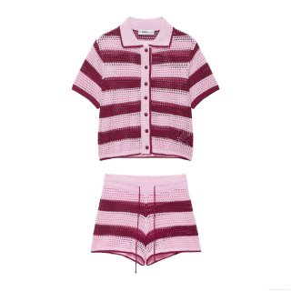 Women's Striped Crochet Knit Polo Shirt and Drawstring Shorts Summer Casual Short Sleeve Knitted Top or Beach Shorts