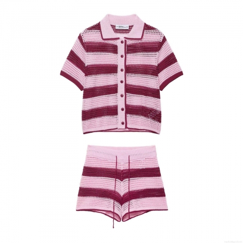 Women's Striped Crochet Knit Polo Shirt and Drawstring Shorts Summer Casual Short Sleeve Knitted Top or Beach Shorts