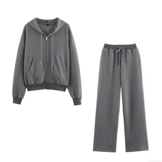 Women's Casual Ribbed Zip Up Hoodie and Wide Leg Pants Set 85% Cotton Blend Drawstring Loungewear Two Piece Sweatshirt Outfit for Daily Streetwear