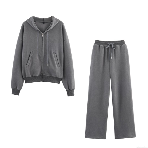 Women's Casual Ribbed Zip Up Hoodie and Wide Leg Pants Set 85% Cotton Blend Drawstring Loungewear Two Piece Sweatshirt Outfit for Daily Streetwear