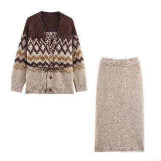 Women Retro Argyle Knitted Two Piece Set V Neck Button Cardigan With Belt And Straight Skirt Casual Winter Outfits