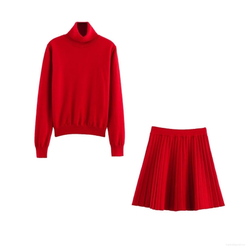 Women's Knitted Two Piece Skirt Set High Neck Long Sleeve Sweater And Pleated Mini Skirt Solid Color Casual Autumn Winter Outfit Streetwear