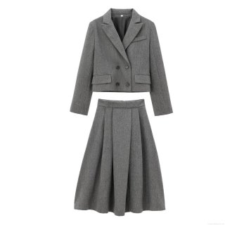 Women's Grey Herringbone Blazer Skirt Set Double Breasted Short Suit Jacket And High Waist Pleated Midi Skirt 2 Piece Outfits For Office Commute Ladies