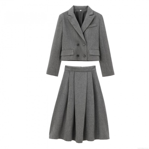 Women's Grey Herringbone Blazer Skirt Set Double Breasted Short Suit Jacket And High Waist Pleated Midi Skirt 2 Piece Outfits For Office Commute Ladies