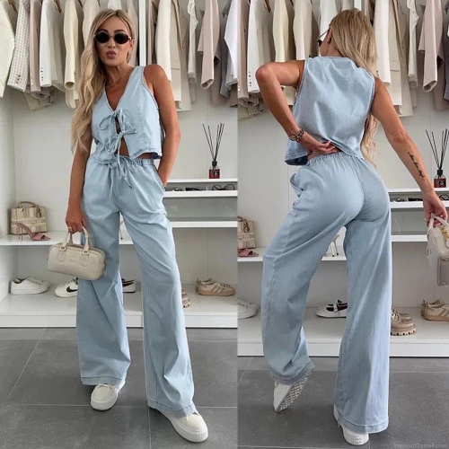 Women's 2 Piece Denim Sets Sleeveless V-Neck Front Bow Tie Vest Top And High Waist Wide Leg Long Pants Casual Cotton Blend Light Blue Outfits Streetwear