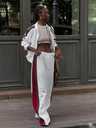 Women's 2 Piece Sweatsuit Set Striped Cotton Blend Zip Up Stand Collar Jacket and High Waist Wide Leg Sports Pants Streetwear Tracksuit