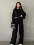 Women's 2 Piece Knit Outfits Contrast Trim Long Sleeve Crop Top And High Waisted Wide Leg Pants Set Elegant Cotton Blend Lounge Sweatsuit